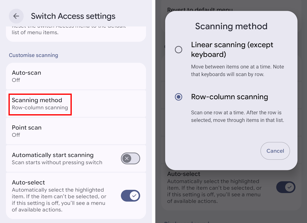 Tap Scanning method to select a new method